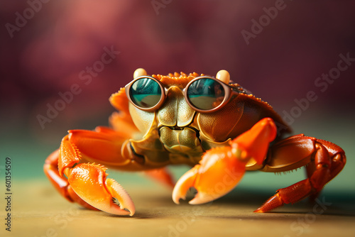 Funny crab wearing sunglasses in studio with a colorful and bright background. Generative AI