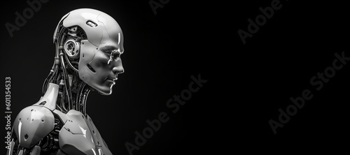 Black and white photorealistic studio portrait of a humanoid cyborg robot on black background. Generative AI illustration photo