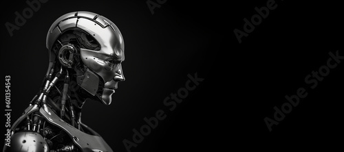 Black and white photorealistic studio portrait of a humanoid cyborg robot on black background. Generative AI illustration