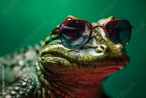 Funny crocodile wearing sunglasses in studio with a colorful and bright background. Generative AI