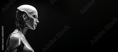 Black and white photorealistic studio portrait of a humanoid cyborg robot on black background. Generative AI illustration