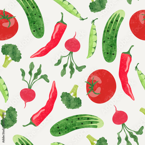 Seamless red and green vegetables pattern. Vector watercolor tomato, cucumber and radish illustration