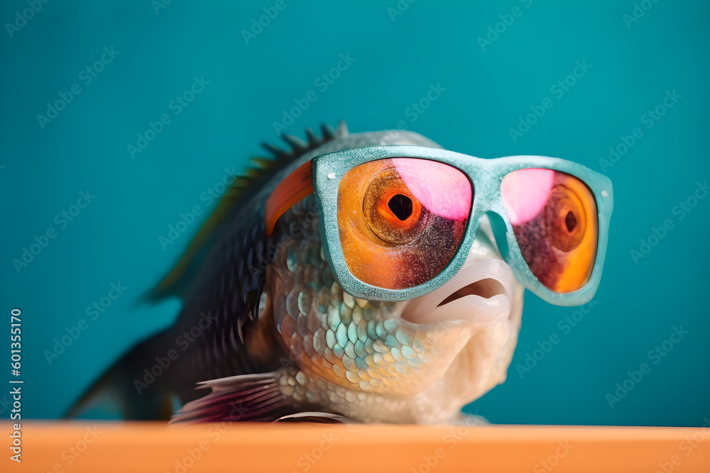 Funny fish wearing sunglasses in studio with a colorful and bright