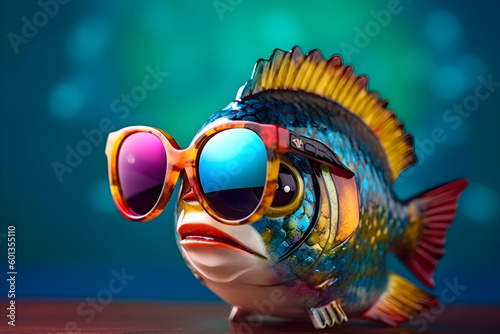 Funny fish wearing sunglasses in studio with a colorful and bright background. Generative AI