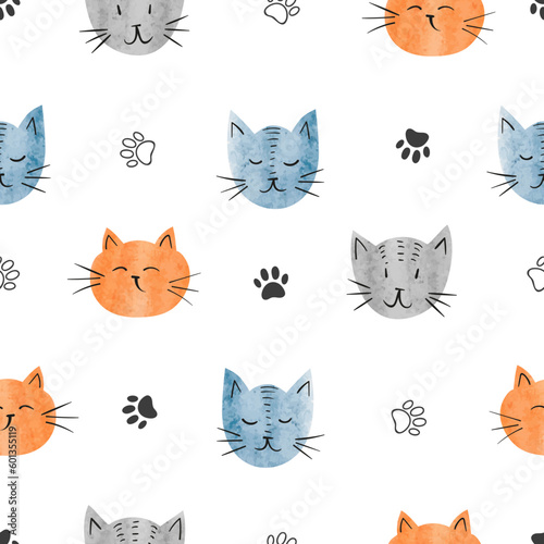 Seamless cute cat faces pattern. Baby print. Vector watercolor illustration