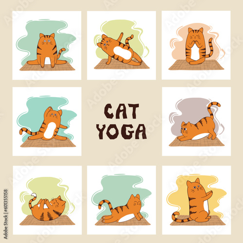 Cartoon yoga cat vector illustration. Funny yoga set for kids