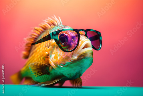 Funny fish wearing sunglasses in studio with a colorful and bright background. Generative AI © Mihai Zaharia