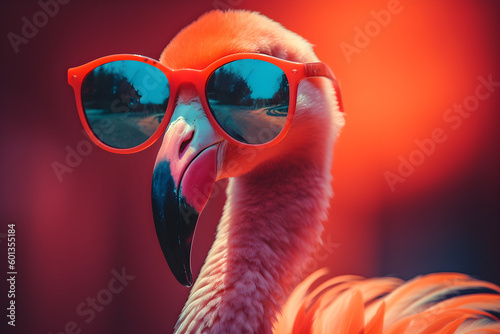 Funny flamingo wearing sunglasses in studio with a colorful and bright background. Generative AI photo