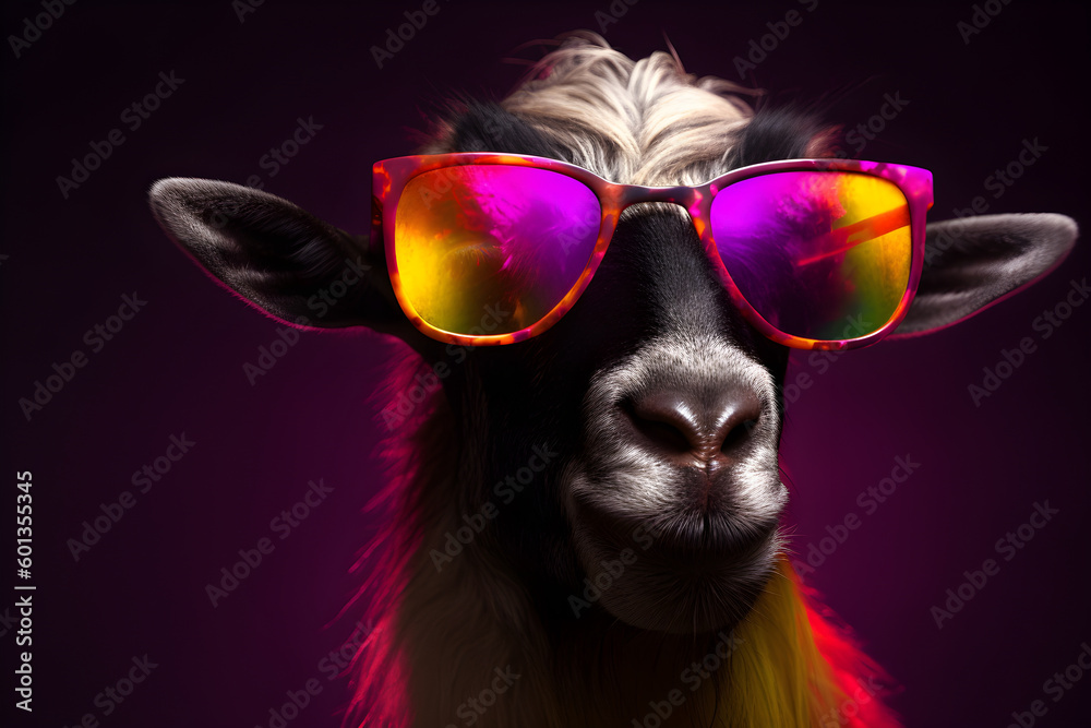 Funny goat wearing sunglasses in studio with a colorful and bright background. Generative AI