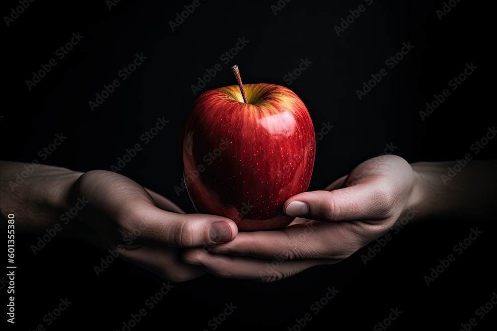 Two hands holding an apple with a black background (Generative AI, Generativ, KI) Two hands holding an apple with a black background (Generative AI, Generativ, KI)
