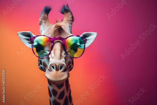 Funny giraffe wearing sunglasses in studio with a colorful and bright background. Generative AI photo