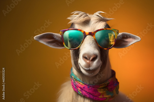 Funny goat wearing sunglasses in studio with a colorful and bright background. Generative AI