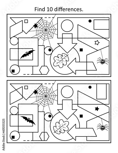 Abstract difference game. Spot 10 differences between two pictures. Halloween motives.
