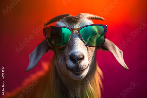 Funny goat wearing sunglasses in studio with a colorful and bright background. Generative AI © Mihai Zaharia