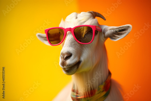 Funny goat wearing sunglasses in studio with a colorful and bright background. Generative AI © Mihai Zaharia