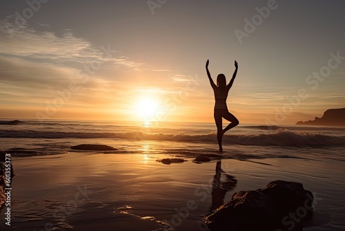 Woman standing on the beach doing yoga while the sun is setting (Generative AI, Generativ, KI) © Teppi