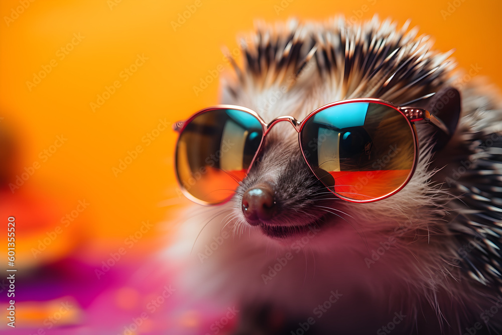Funny hedgehog wearing sunglasses in studio with a colorful and bright background. Generative AI
