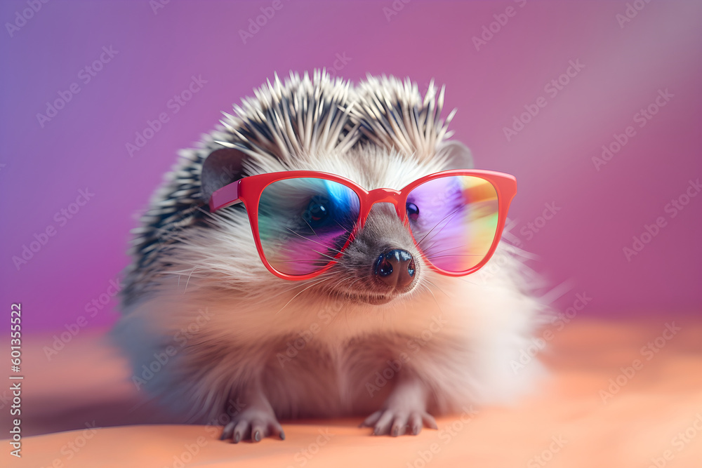 Funny hedgehog wearing sunglasses in studio with a colorful and bright background. Generative AI