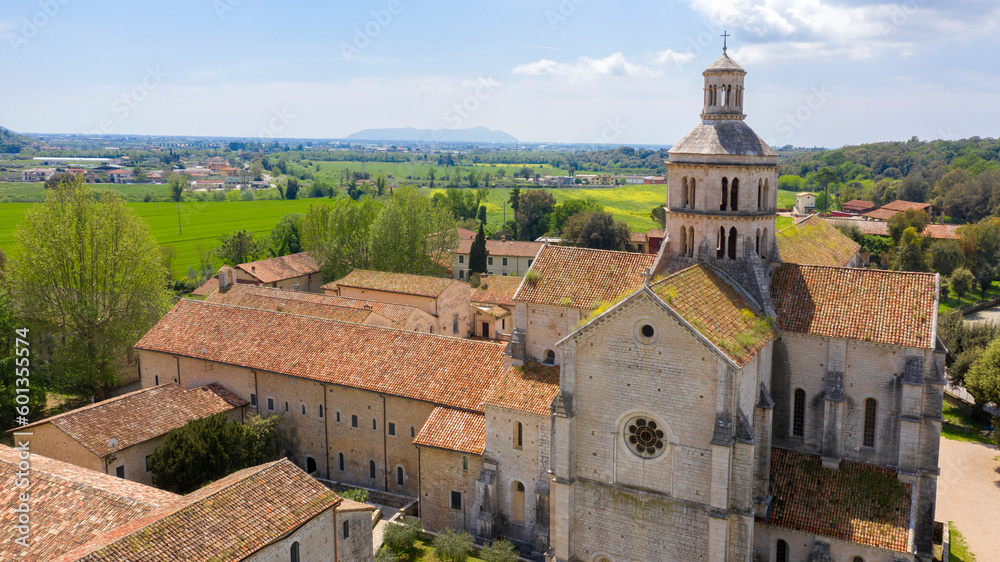 Aerial view of Fossanova Abbey located in Priverno, in the province of Latina, Italy. The church is a national monument and a perfect example of the transition from Romanesque to Italian Gothic.