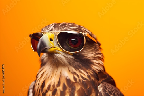 Funny hawk wearing sunglasses in studio with a colorful and bright background. Generative AI