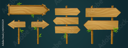 Wood pointer bamboo game ui frame vector. Direction arrow sign board on stick set. Isolated tropical jungle beach information panel for menu interface. Blank guidepost button icon gui collection