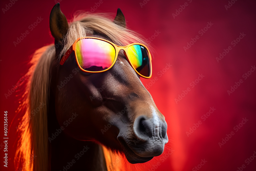 Funny horse wearing sunglasses in studio with a colorful and bright background. Generative AI