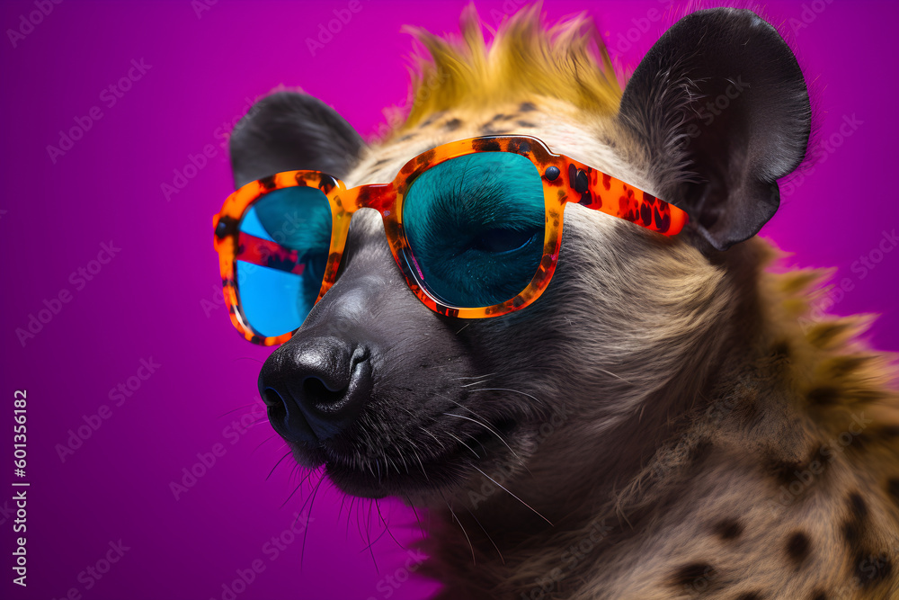 Funny hyena wearing sunglasses in studio with a colorful and bright background. Generative AI Funny hyena wearing sunglasses in studio with a colorful and bright background. Generative AI
