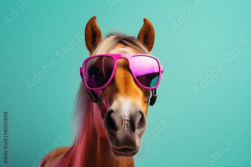 Funny horse wearing sunglasses in studio with a colorful and bright background. Generative AI © Mihai Zaharia