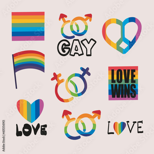 LGBTQ Pride Parade Set. Vector illustration of a gay pride parade. A group of people participating in the Pride parade. LGBT community