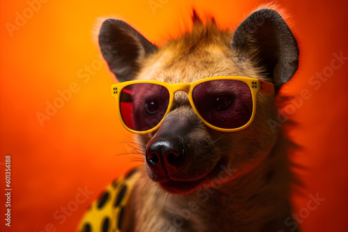 Valokuvatapetti Funny hyena wearing sunglasses in studio with a colorful and bright background