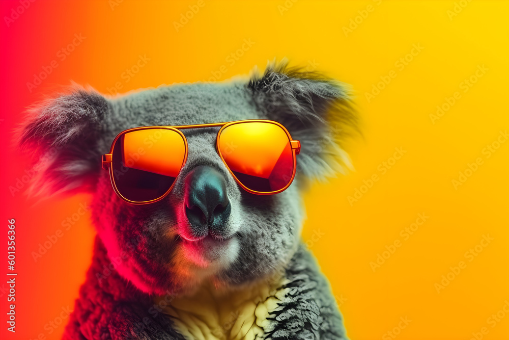 Funny koala wearing sunglasses in studio with a colorful and bright background. Generative AI