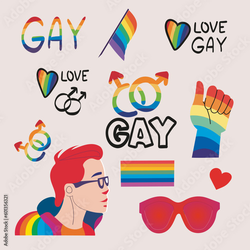 LGBTQ Pride Parade Set. Vector illustration of a gay pride parade. A group of people participating in the Pride parade. LGBT community