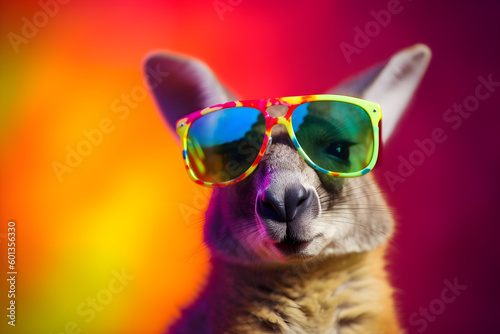 Funny kangaroo wearing sunglasses in studio with a colorful and bright background. Generative AI © Mihai Zaharia