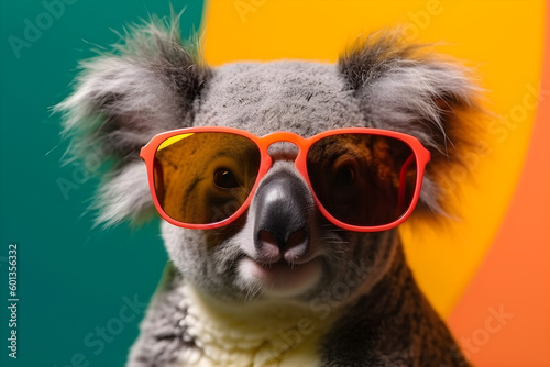 Funny koala wearing sunglasses in studio with a colorful and bright background. Generative AI