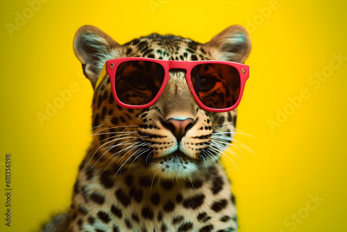 Funny leopard wearing sunglasses in studio with a colorful and bright background. Generative AI © Mihai Zaharia
