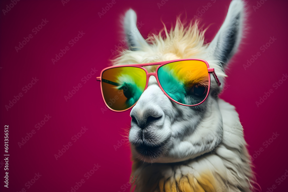 Funny llama wearing sunglasses in studio with a colorful and bright background. Generative AI