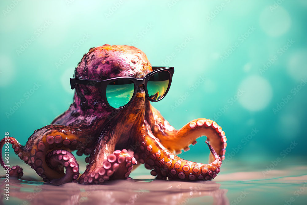 Funny octopus wearing sunglasses in studio with a colorful and bright ...