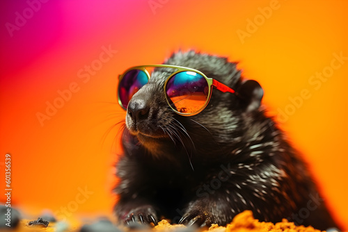 Funny mole wearing sunglasses in studio with a colorful and bright background. Generative AI
