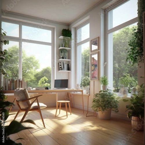 Study Room Perspective in Modernist Interior Design. Generative AI
