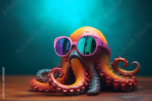 Fototapet Funny octopus wearing sunglasses in studio with a colorful and bright background