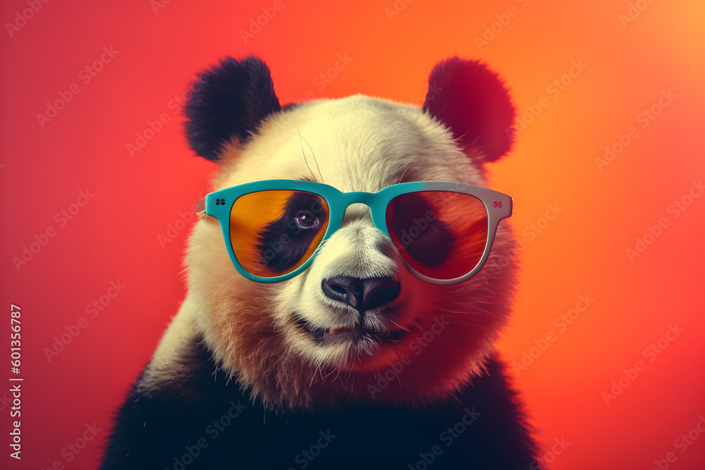Funny panda wearing sunglasses in studio with a colorful and bright background. Generative AI Funny panda wearing sunglasses in studio with a colorful and bright background. Generative AI