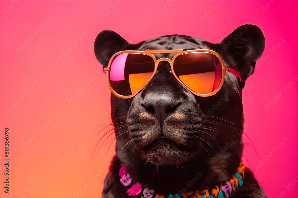 Funny panther wearing sunglasses in studio with a colorful and bright background. Generative AI