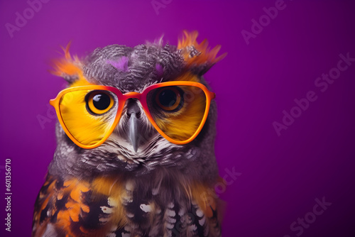 Funny owl wearing sunglasses in studio with a colorful and bright background. Generative AI