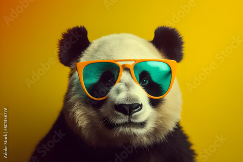 Funny panda wearing sunglasses in studio with a colorful and bright background. Generative AI