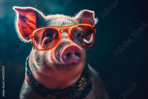 Funny pig wearing sunglasses in studio with a colorful and bright background. Generative AI