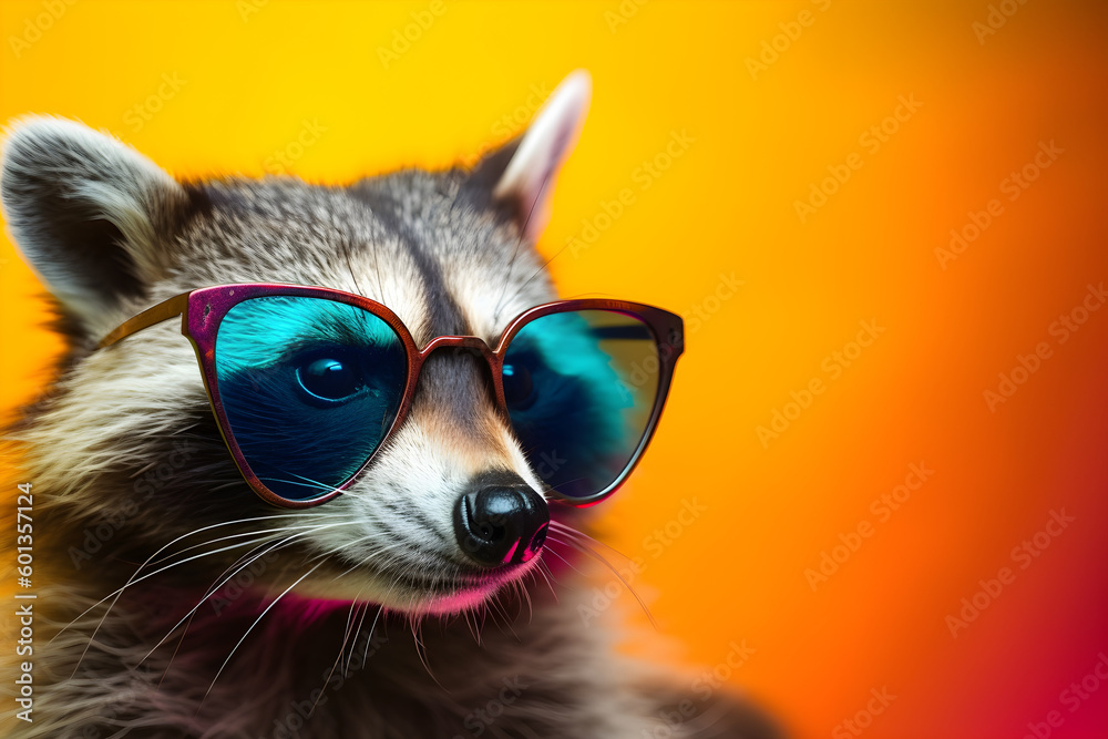 Funny raccoon wearing sunglasses in studio with a colorful and bright background. Generative AI Funny raccoon wearing sunglasses in studio with a colorful and bright background. Generative AI