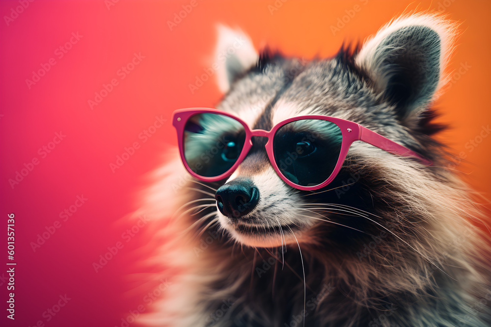 Funny raccoon wearing sunglasses in studio with a colorful and bright background. Generative AI