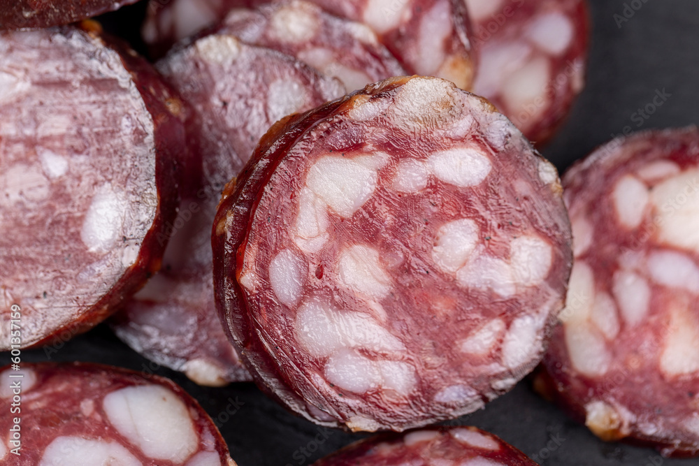 sliced high-quality pork sausage with the addition of lard pieces