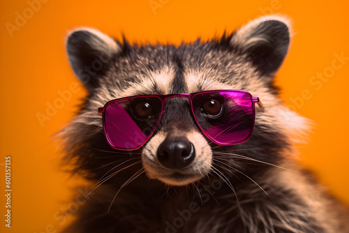 Funny raccoon wearing sunglasses in studio with a colorful and bright background. Generative AI