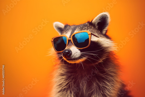 Funny raccoon wearing sunglasses in studio with a colorful and bright background. Generative AI © Mihai Zaharia